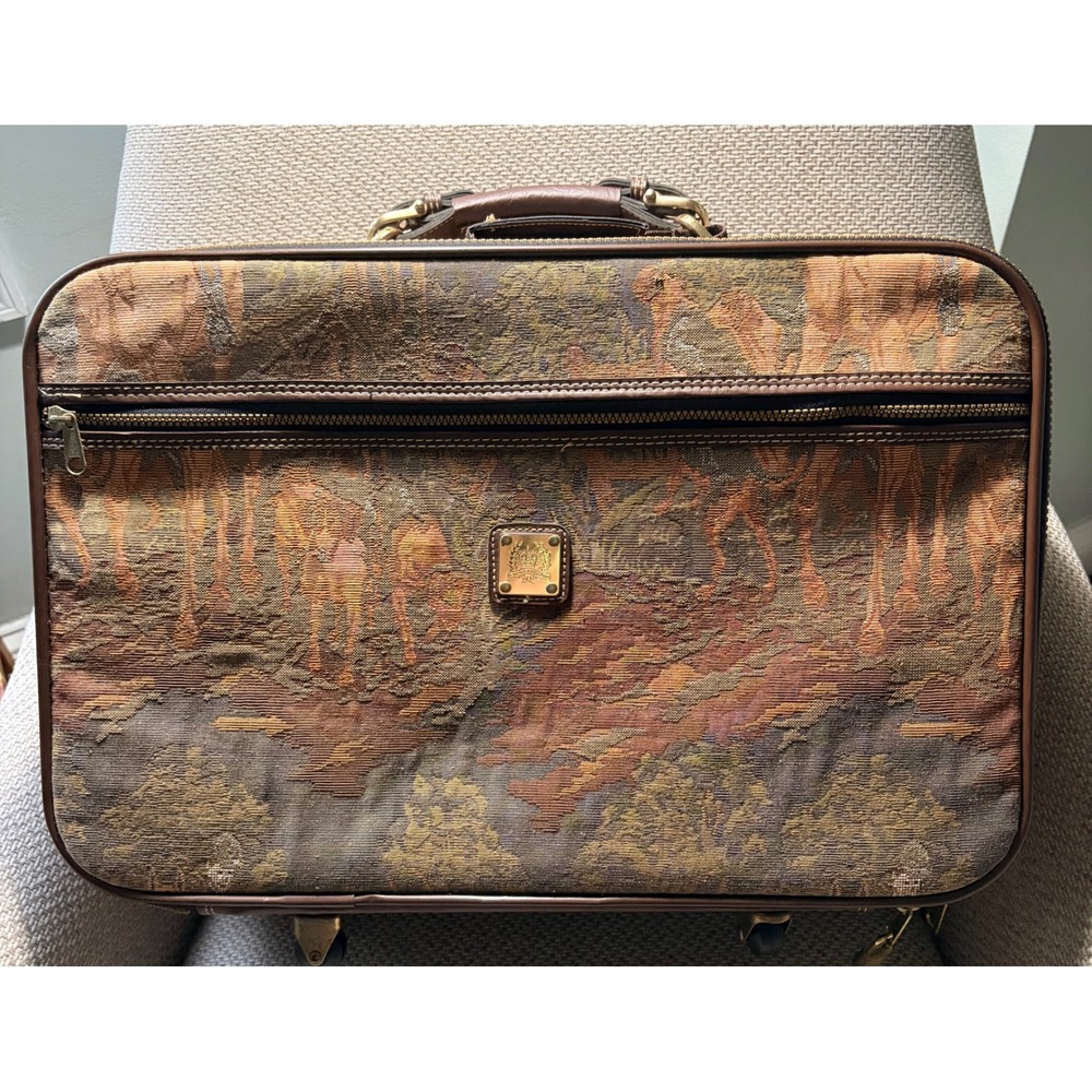 Vintage Tapestry Rolling Suitcase | Fox Hunt | Carry On Bag | Capizio |Brown Tan - Picture 1 of 16
